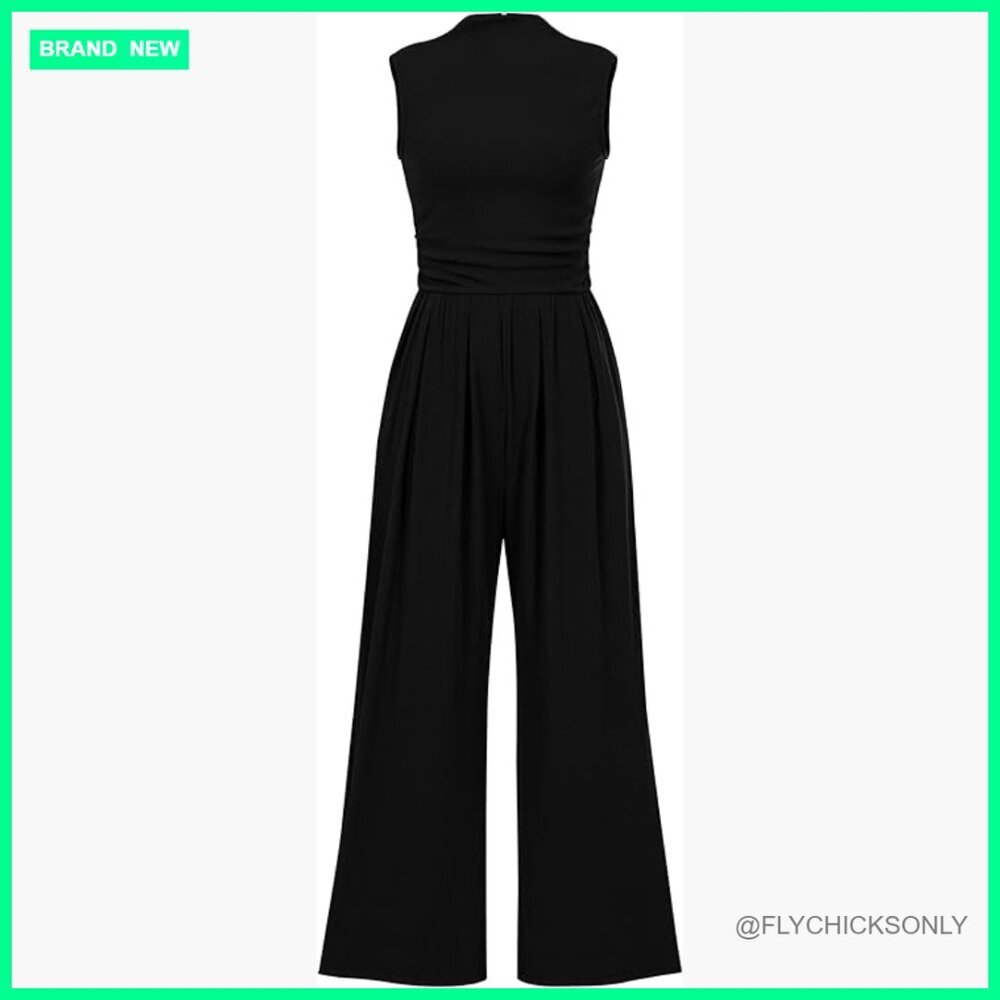 Sleeveless Mock Neck Wide Leg Jumpsuit with Pockets, 94%Polyester6%Elastane